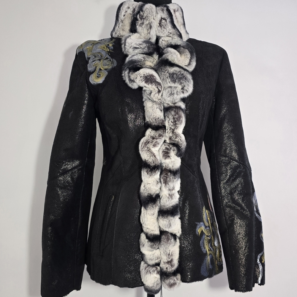 Genuine Leather Jacket OTTIMO Hand Painted Fur Trim Women EU 40 Designer  Art